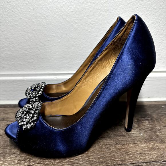Badgley Mischka Goodie Peep-Toe Pump Satin Stiletto Heel Crystal Royal Blue 6.5 - Picture 4 of 6